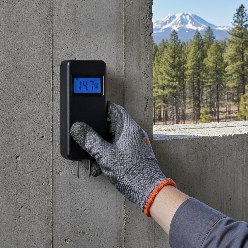 Technician performing a moisture inspection on a foundation wall in Northern Arizona